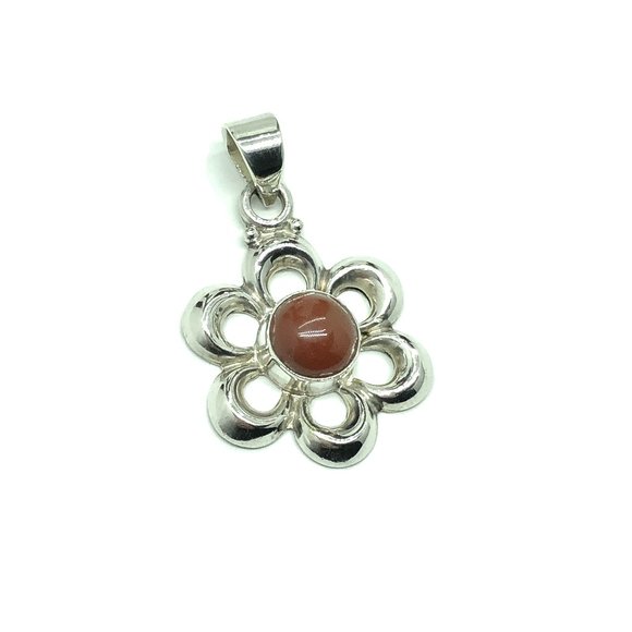 Sterling Silver Pendant - Flower Design w/ Carnelian Stone - Chakra Jewelry - Picture 1 of 5